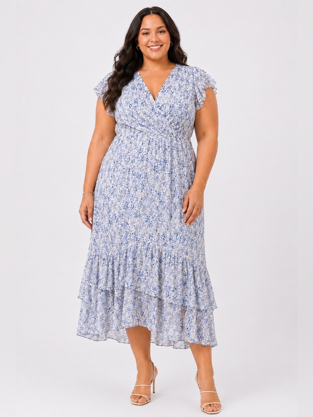 Tommy Hilfiger Floral Chiffon Hem Tiered Midi Dress Flutter Sleeve Blue 18W NWT - Picture 2 of 15